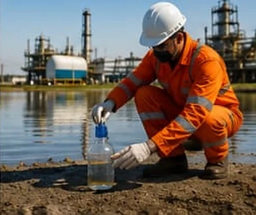 A technician in orange coveralls collecting a water sample into a glass bottle at a shoreline near a plant.