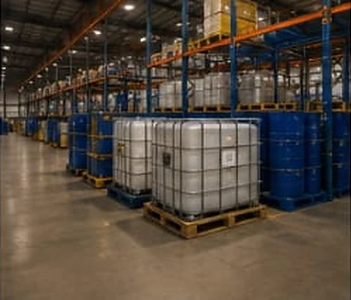 Warehouse with intermediate bulk containers and drums racked on pallets.