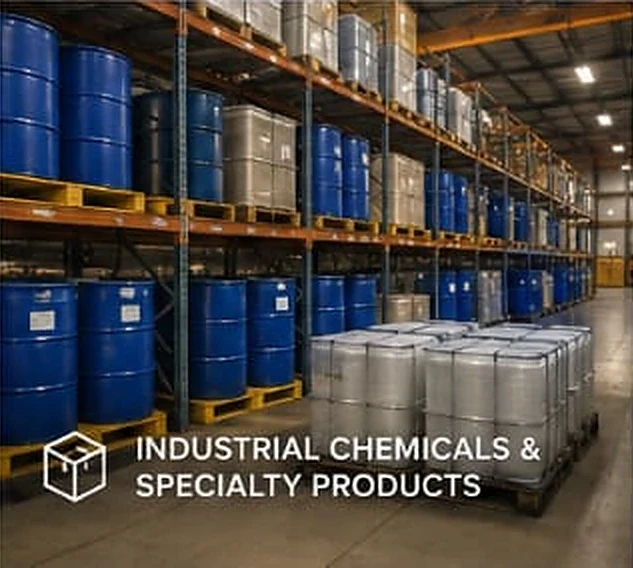 Blue chemical drums and intermediate bulk containers racked in a warehouse.