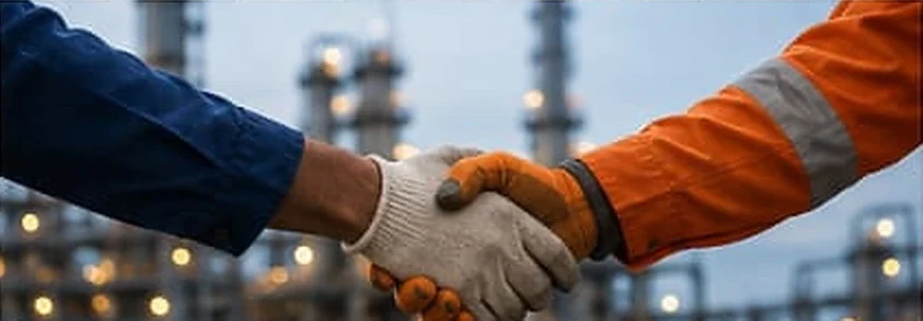 Two colleagues shaking hands on site in front of process equipment.