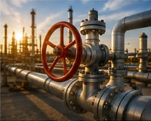 Valve and flow‑control manifold on a process line at a refinery.