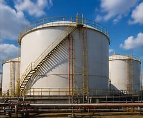 Bulk storage tanks with access stairways at an industrial terminal.