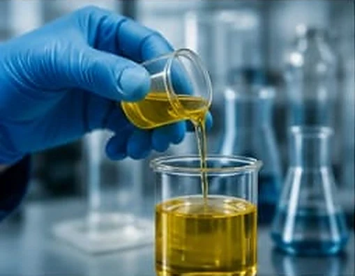 An analyst pouring a yellow oil sample into a graduated beaker beside conical flasks.