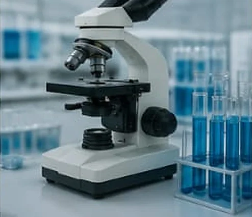An analyst examining a prepared sample under a laboratory microscope.