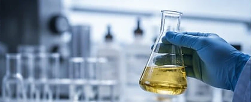 A gloved hand holding a conical flask of amber oil sample at a laboratory bench.