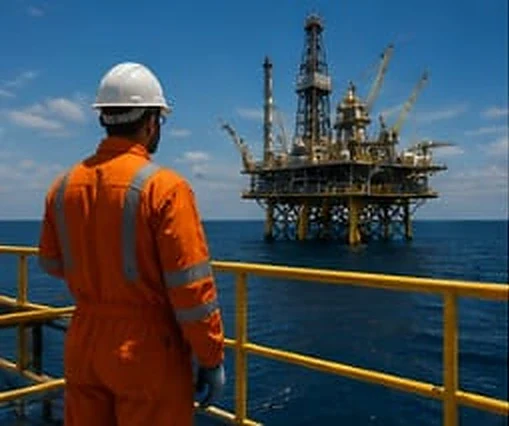 A field engineer in orange coveralls on a walkway overlooking an offshore production platform.