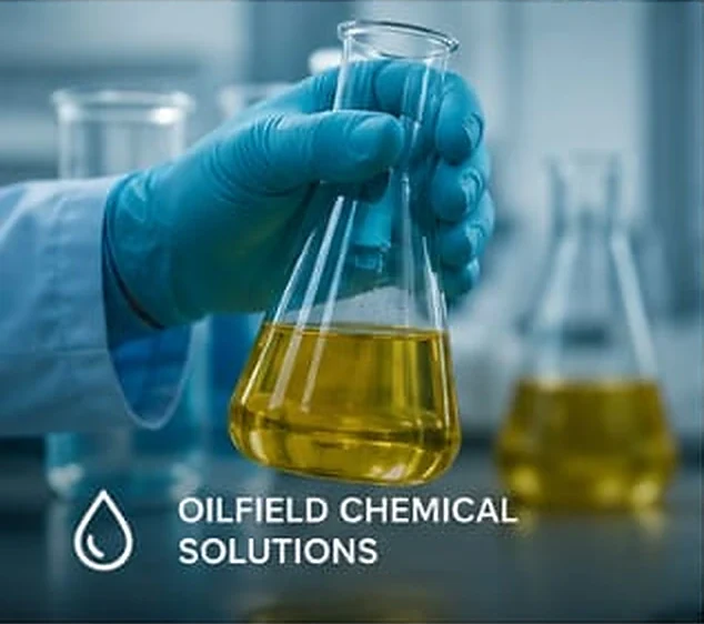 Oilfield chemical solutions: a gloved hand holding a flask of treated crude in the laboratory.