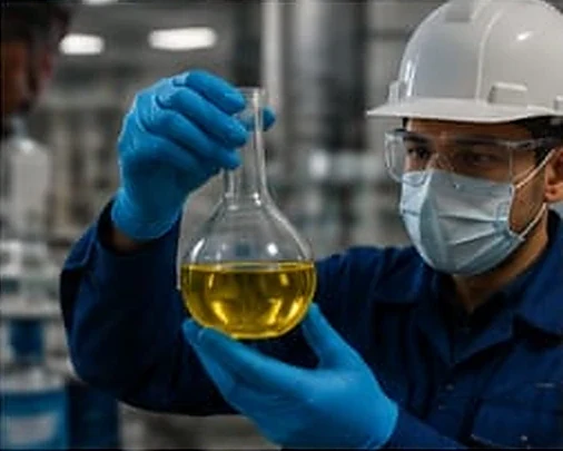 Laboratory glassware holding graded oil samples on a bench under working light.