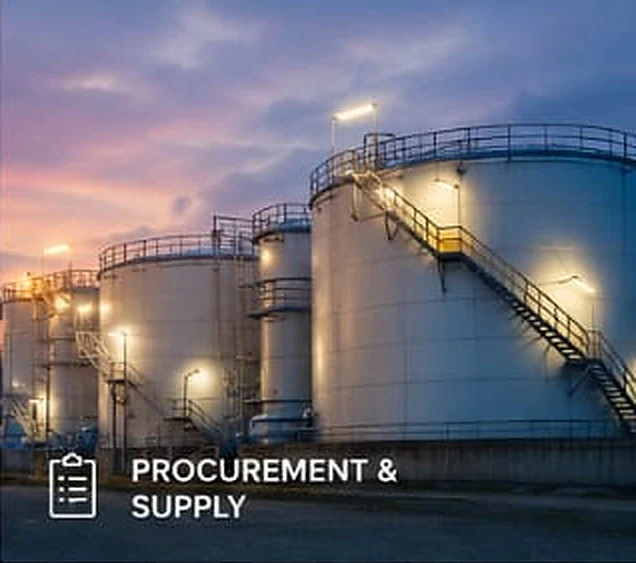 Procurement and supply: bulk storage tanks lit at dusk.
